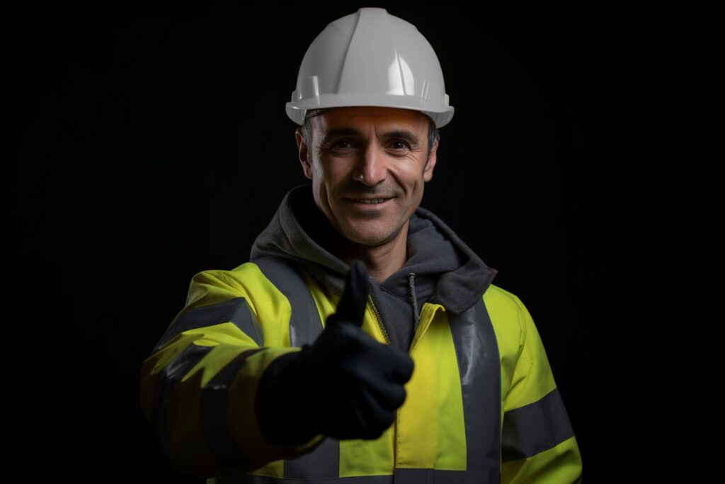 Construction worker in hard hat and PPE gives thumbs up to camera