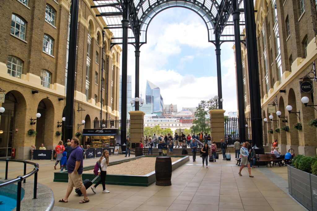 LONDON, UK - SEPTEMBER 9, 2018: Hays Galleria. Popular tourist mall with restaurants and shops on the south bank of the River Thames
