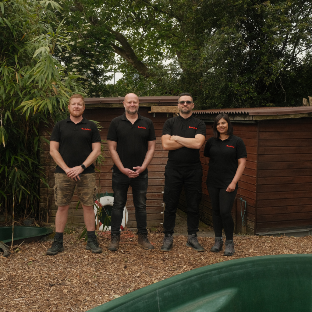 Three men and a woman stand beside one another on a gravel path