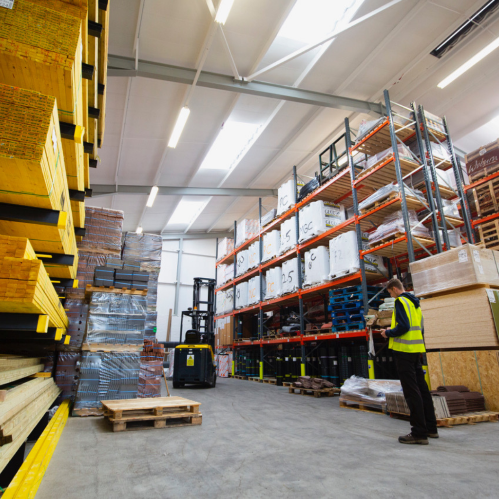 A large warehouse with shelving stacked with roofing supplies