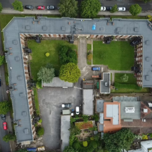 A birds eye view of a large housing complex