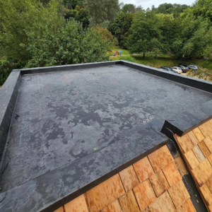 Flat roof surface surrounded by trees