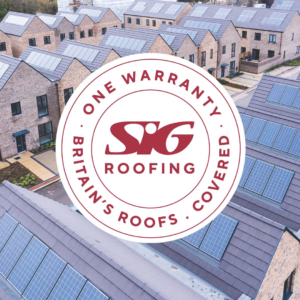 A branded logo on an ariel view of a new build housing estate with solar panels