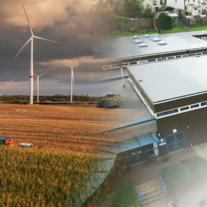 Image depicts a wind farm and flat roof