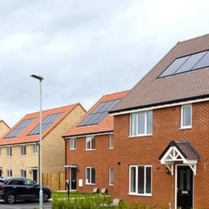 Modern new build housing estate with solar installed on roofs