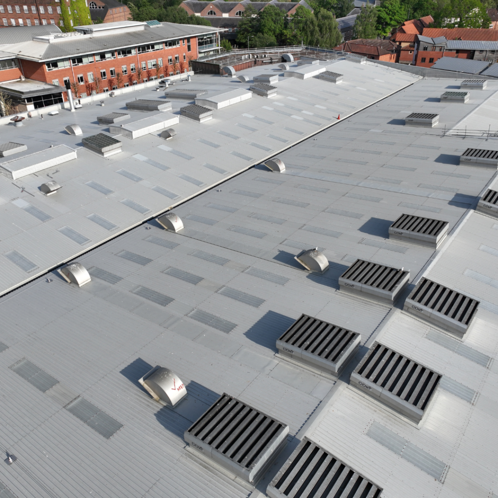 An ariel view of an industrial roof after refurbishment