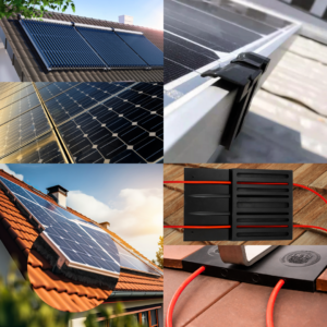 High resolution image showing different elements of solar within roofing including panels and electrics