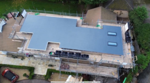 Ariel view of a building with a flat roof